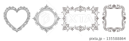 Ornate lace frames set with heart, round, rectangular, square borders in a hand-drawn line art style. Wedding invitations, Valentine cards, labels, logos, scrapbooking, romantic vintage design. Vector Ornate lace frames set with heart, round, rectangular, square borders in a hand-drawn line art style. Wedding invitations, Valentine cards, labels, logos, scrapbooking, romantic vintage design. Vector 135588864