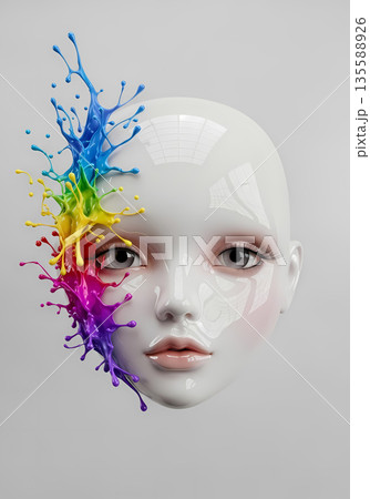 Glossy Doll Face Sculpture with Delicate Reflections and Vibrant Rainbow Color Splash 135588926
