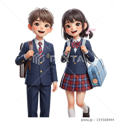 ドキドキの初登校！制服と通学バッグが輝くハッピーな学生たち 135588944