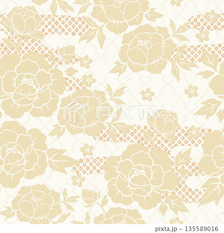 ビンテージスタイル 牡丹の花のシームレスパターン 135589016