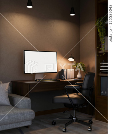 White screen computer and books under lamp light on wooden table with swivel chair in a dim lit room White screen computer and books under lamp light on wooden table with swivel chair in a dim lit room 135589048