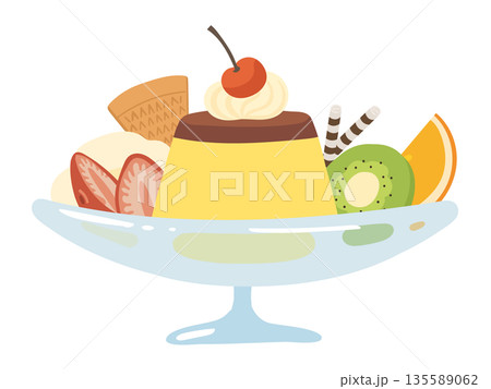フルーツたっぷりガラス皿に盛り付けた喫茶店風の可愛いプリンアラモードのイラスト 135589062
