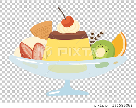 フルーツたっぷりガラス皿に盛り付けた喫茶店風の可愛いプリンアラモードのイラスト 135589062