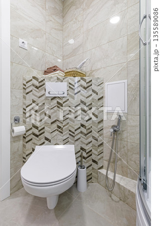 Modern toilet interior with wall-hung commode and marble tiles Modern toilet interior with wall-hung commode and marble tiles 135589086