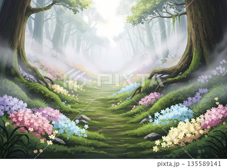Dreamy Misty Forest Path with Milk Like Fog, Vivid Flowers, Green Moss, Pastel Color Grading, and Deep Perspective 135589141