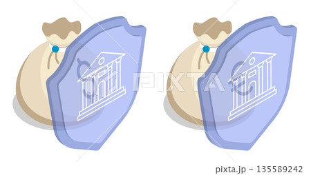 Isometric bags of euro and dollar money protected by deposit insurance system. Isolated cartoon vector concept on white background top view Isometric bags of euro and dollar money protected by deposit insurance system. Isolated cartoon vector concept on white background top view 135589242