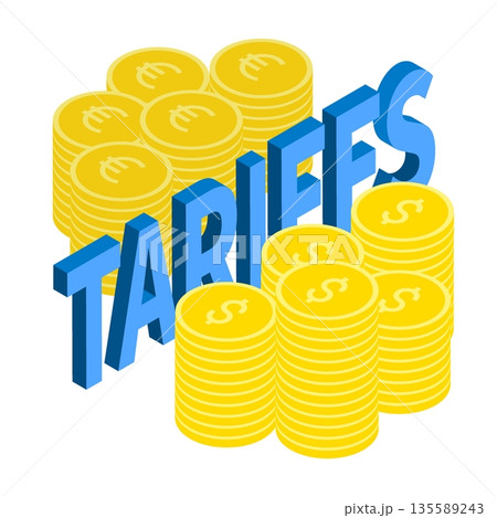 Isometric dollar and euro coins separated by protective tariff barriers. Isolated cartoon vector on white background top view 135589243