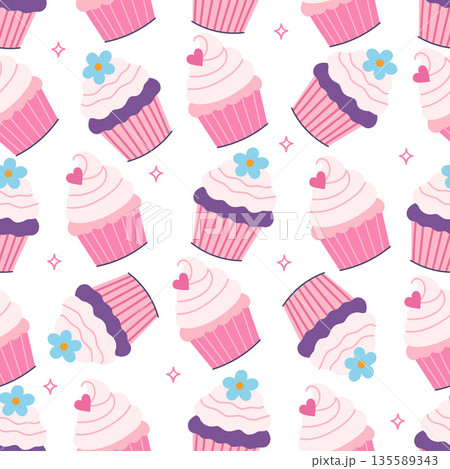 Seamless pattern with simple cupcakes on a white background. Vector graphics. 135589343