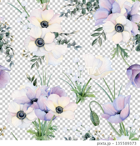 Filed flowers bouquets watercolor seamless pattern with purple and white anemones and grass. Wildflowers poppies botanical repeat background for elegant wedding, Mothers day and spring floral designs Filed flowers bouquets watercolor seamless pattern with purple and white anemones and grass. Wildflowers poppies botanical repeat background for elegant wedding, Mothers day and spring floral designs 135589373