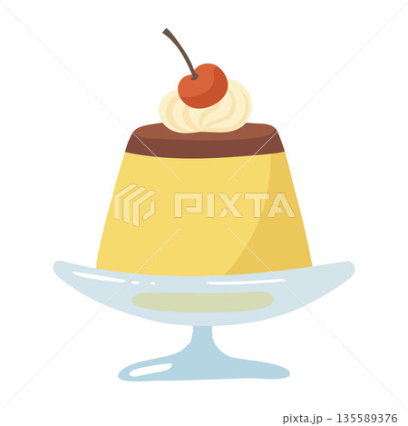 ホイップクリームとさくらんぼをのせたプリンのイラスト 135589376