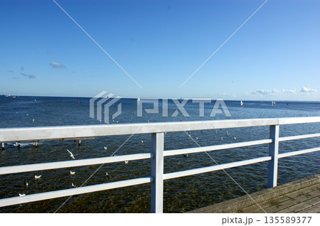 wooden pier with a white balustrade by the sea 135589377