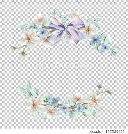Watercolor floral frame with white apple blossoms, blue hydrangea, eucalyptus, and a purple bow. Hand-drawn spring botanical illustration for wedding and holiday design and decor. Watercolor floral frame with white apple blossoms, blue hydrangea, eucalyptus, and a purple bow. Hand-drawn spring botanical illustration for wedding and holiday design and decor. 135589463