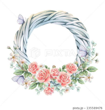 Watercolor vine wreath with pink roses, white apple blossoms, green leaves, and butterflies. Hand-drawn spring illustration for design, Mother's Day, Valentine's Day, March 8th, and weddings. 135589476