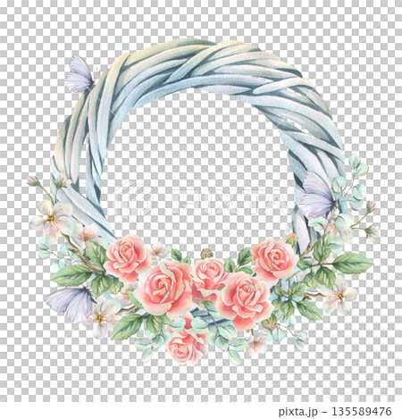 Watercolor vine wreath with pink roses, white apple blossoms, green leaves, and butterflies. Hand-drawn spring illustration for design, Mother's Day, Valentine's Day, March 8th, and weddings. 135589476