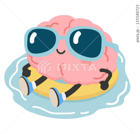 Cartoon Brain Relaxing on Inflatable Float 135589723