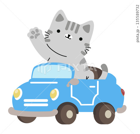 Cute Cat Waving in a Blue Car 135589732