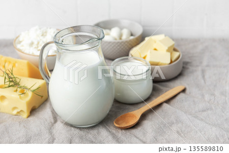 Dairy products assortment including milk, cheese, and yogurt 135589810