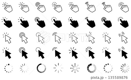 Pointer click icon. Clicking cursor, pointing hand clicks and waiting loading icons. Website arrows or hands cursors tools, computer interface button. Vector isolated symbols collection 135589876