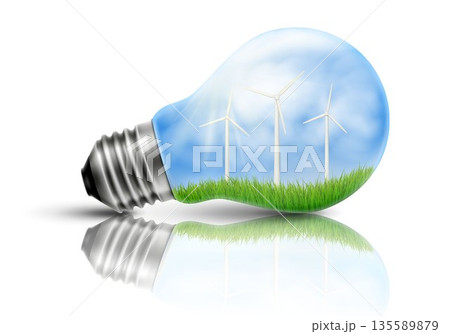 Light bulb with a wind turbines in side, ecology concept, Concept of green energy. Vector 3D realistic illustration. 135589879