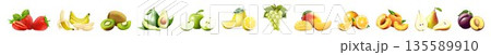 Sweet fruits. Strawberry, banana, kiwi, avocado, apple, lemon, grape, mango, orange, peach, pear, plum isolated on white background. Realistic 3D vector set of fruits. Sweet fruits. Strawberry, banana, kiwi, avocado, apple, lemon, grape, mango, orange, peach, pear, plum isolated on white background. Realistic 3D vector set of fruits. 135589910