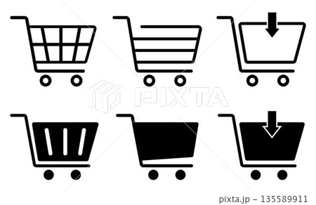 Shopping cart icons set, Supermarket trolley symbol for E-Commerce, Simple flat outline and silhouette design isolated on white background, Vector illustration 135589911