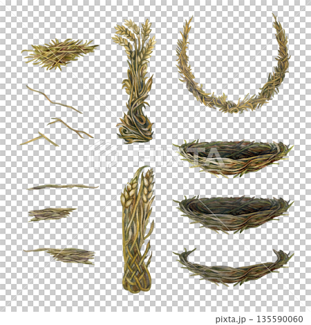 Set of nest, hay and straw from meadow grasses for pets. Hand-drawn watercolor illustration is perfect for Easter cards, pet stores, zoos, forestry design, agriculture, and farms. Set of nest, hay and straw from meadow grasses for pets. Hand-drawn watercolor illustration is perfect for Easter cards, pet stores, zoos, forestry design, agriculture, and farms. 135590060