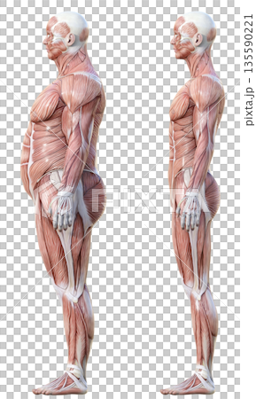 筋肉解剖図 太った男性の人体模型と痩せた男性の人体標本の比較イラストセット 全身横向き 135590221