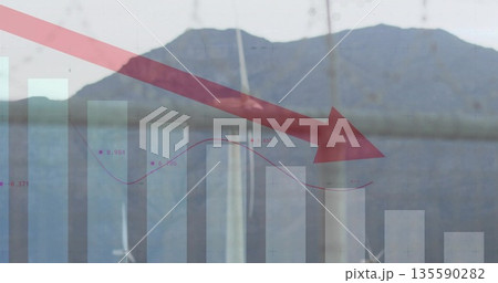Faded bar chart, red arrow showing decline at waterfront, tracing purple points over sailboat masts Faded bar chart, red arrow showing decline at waterfront, tracing purple points over sailboat masts 135590282