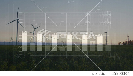Displaying white bar chart and overlaid line graph over rural farmland at dusk, with wind turbines 135590304
