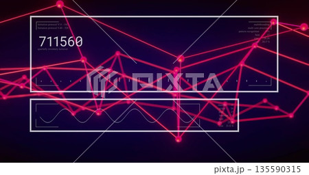 Displaying neon pink network showing glowing nodes in digital UI, with HUD panels displaying 711560 135590315