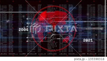 Displaying red world map encircled by HUD target on virtual dashboard, with timeline years and code 135590318