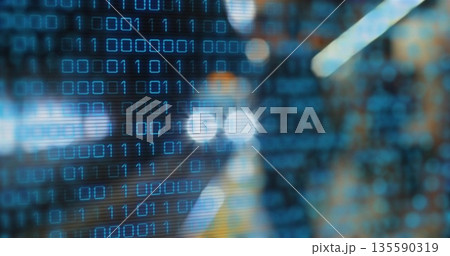 Displaying binary code overlay flickering on abstract interface, featuring rows of blue digits Displaying binary code overlay flickering on abstract interface, featuring rows of blue digits 135590319