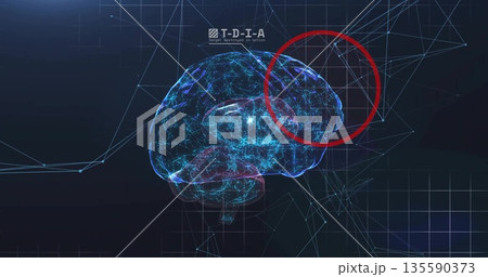 Floating wireframe brain on UI showing triangular mesh or grid highlighting red hemisphere, TDIA lab Floating wireframe brain on UI showing triangular mesh or grid highlighting red hemisphere, TDIA lab 135590373