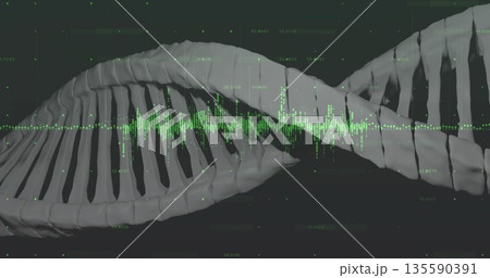 Rendering 3D double helix twisting around axis in grid with green wave overlay, numeric datapoints Rendering 3D double helix twisting around axis in grid with green wave overlay, numeric datapoints 135590391
