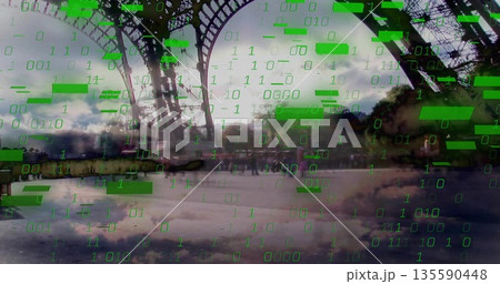 Towering iron lattice columns rising over plaza at Paris landmark, with green binary code overlay Towering iron lattice columns rising over plaza at Paris landmark, with green binary code overlay 135590448