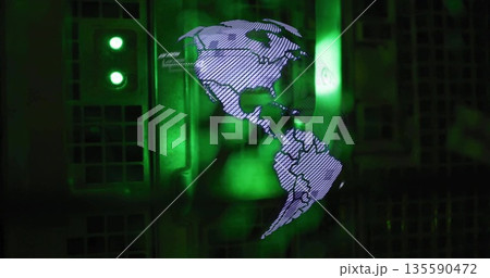 Displaying purple striped map outline at center in server rack with green LEDs and gridded panels 135590472