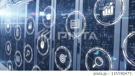 Showing server racks streaming binary code in data center, displaying floating analytics icons Showing server racks streaming binary code in data center, displaying floating analytics icons 135590473
