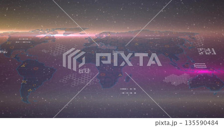 Displaying world map overlaying glowing hex grid in starfield, with data clusters and warning icons Displaying world map overlaying glowing hex grid in starfield, with data clusters and warning icons 135590484