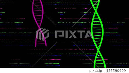 Glowing neon green DNA helix rotating on black field, with magenta helix, pixel streams, copy space Glowing neon green DNA helix rotating on black field, with magenta helix, pixel streams, copy space 135590499