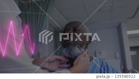 Examining doctor palpating patient's neck in exam room, with lab coat and pink waveform display Examining doctor palpating patient's neck in exam room, with lab coat and pink waveform display 135590522