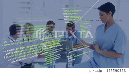 Mature woman in blue scrubs reviewing tablet in conference room, with code overlay, copy space 135590528