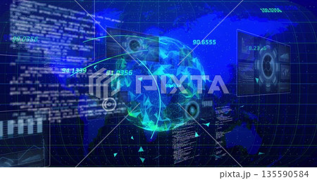 Rotating holographic globe over blue grid map, displaying code, numeric readouts and radar graphics Rotating holographic globe over blue grid map, displaying code, numeric readouts and radar graphics 135590584