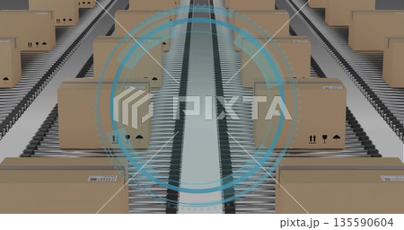 Moving cardboard box with barcode labels and arrows on warehouse conveyor lane under blue overlay Moving cardboard box with barcode labels and arrows on warehouse conveyor lane under blue overlay 135590604