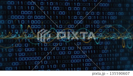 Visualizing data with glowing binary digits and neon waveform lines on analytics grid display Visualizing data with glowing binary digits and neon waveform lines on analytics grid display 135590607