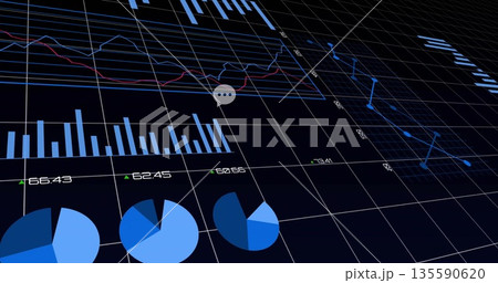 Showing financial dashboard, featuring 3D grid, line, bar and pie charts, chat icon, data network Showing financial dashboard, featuring 3D grid, line, bar and pie charts, chat icon, data network 135590620