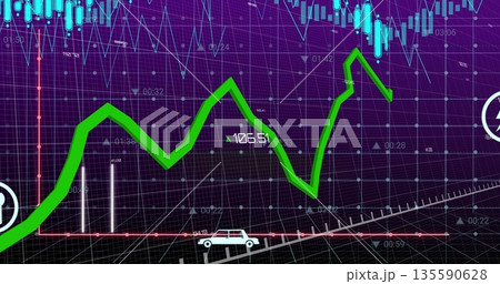 Presenting bright green zigzag trend line rising and falling on trading screen, with neon blue bars 135590628