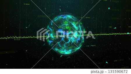 Floating neon polygonal sphere intersecting horizontal dataflow in cyberspace with numeric labels Floating neon polygonal sphere intersecting horizontal dataflow in cyberspace with numeric labels 135590672