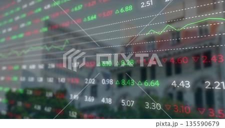 Displaying stock prices on office glass, with green up and red down triangles, dotted trend line Displaying stock prices on office glass, with green up and red down triangles, dotted trend line 135590679
