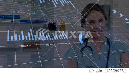 Nurse in light blue scrubs with stethoscope analyzing digital interface in exam room, copy space Nurse in light blue scrubs with stethoscope analyzing digital interface in exam room, copy space 135590684