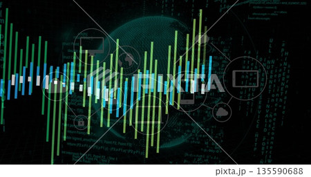 Displaying data waveform bars around wireframe globe in dark digital interface, with icon overlays 135590688